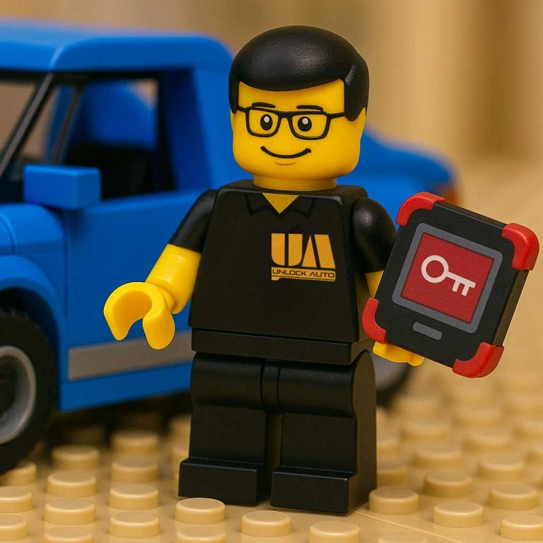 Me looking like a lego character stood next to a car and holding a key programming machine with an Unlock Auto branded top on