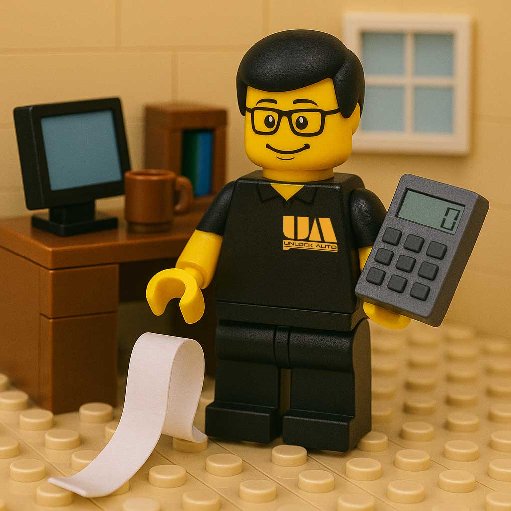 Me as a lego character holding a calculator in an ofice with an Unlock Auto branded top on